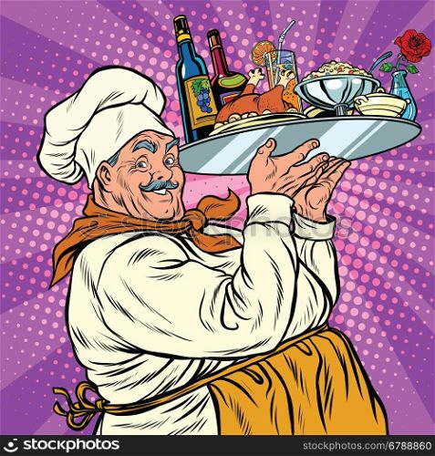 Retro chef with dinner on a tray, pop art vector illustration