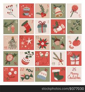 Retro Christmas advent calendar with numbers. Vector design in vintage style

