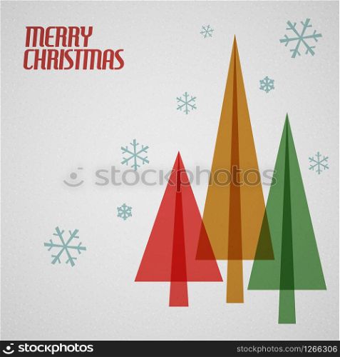 Retro Christmas card with christmas tress and snowflakes - teal, brown and red