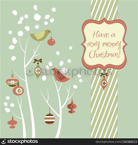 Retro Christmas card with two birds, white snowflakes, winter trees and baubles