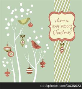 Retro Christmas card with two birds, white snowflakes, winter trees and baubles