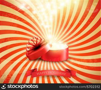 Retro Christmas holiday background with open gift box and magic light firework. Vector.