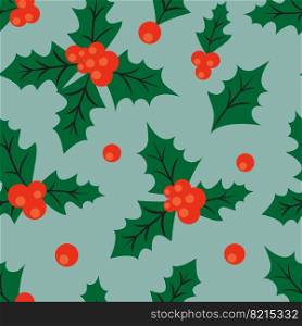 Retro Christmas seamless background with holly leaves and berries. Holly seamless pattern. Retro Christmas seamless background with holly leaves and berries