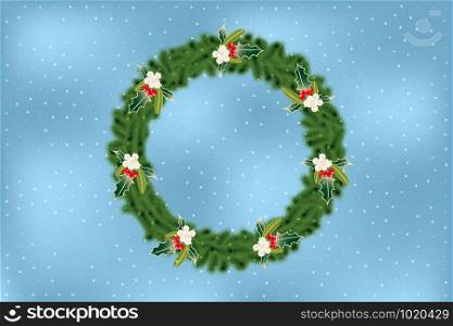 Retro Christmas wreath - made by fir branches, mistletoe and holly on sparkling light blue background with transparent snowflakes and place for text