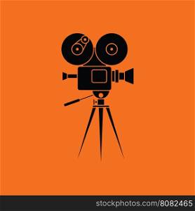 Retro cinema camera icon. Orange background with black. Vector illustration.