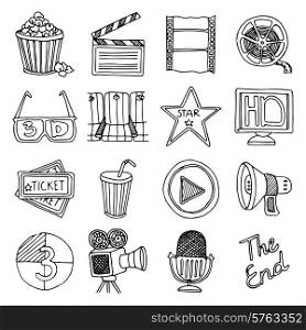 Retro cinema festival and movie theater black icons set 3d glasses and tickets abstract isolated vector illustration