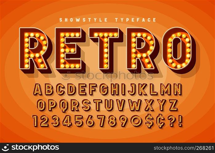 Retro cinema font design, cabaret, Broadway letters and numbers. Swatches color control. Retro cinema font design, cabaret, Broadway letters