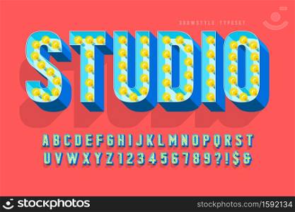 Retro cinema font design, cabaret, lamps letters and numbers. Swatches color control. Retro cinema font design, cabaret, lamps letters and numbers.