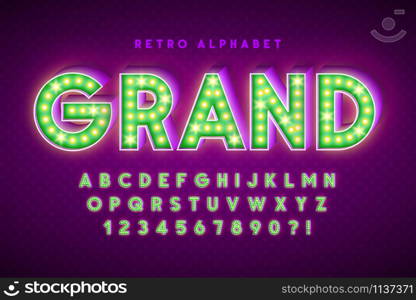Retro cinema font design, cabaret, LED lamps letters and numbers. Swatches color control. Retro cinema font design, cabaret, LED lamps letters