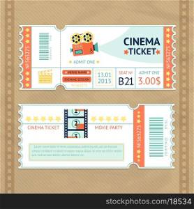 Retro cinema movie party paper ticket set isolated vector illustration