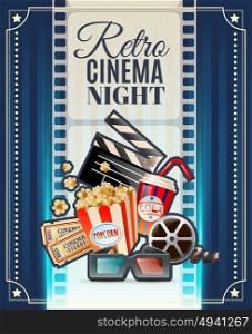 Retro Cinema Night Invitation Poster . Retro cinema club night invitation poster with movie theater tickets 3d glasses and popcorn snack vector illustration
