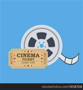 Retro cinema ticket and film reel. Vector illustration in flat style. Retro cinema ticket and film reel.