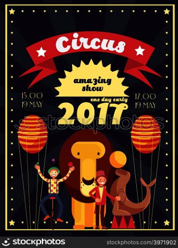Retro circus entertainment, carnival and holiday show vector poster and invitation design. Banner invitation to entertainment carnival and circus show illustration. Retro circus entertainment, carnival and holiday show vector poster and invitation design
