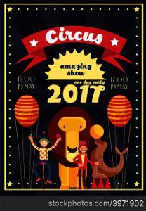 Retro circus entertainment, carnival and holiday show vector poster and invitation design. Banner invitation to entertainment carnival and circus show illustration. Retro circus entertainment, carnival and holiday show vector poster and invitation design