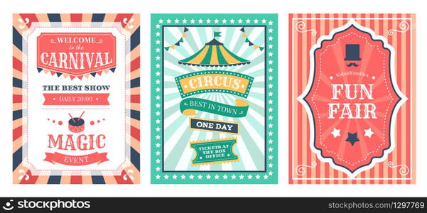 Retro circus poster. Vintage circus carnival show invitation, holiday party flyer templates, magic circus event elements vector illustration set. Magic circus festival, invitation to carnival card. Retro circus poster. Vintage circus carnival show invitation, holiday party flyer templates, magic circus event elements vector illustration set