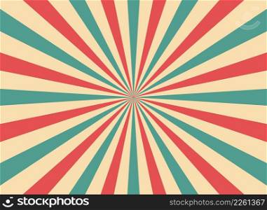 Retro circus stripe background. Vintage circus stripes background. Starburst poster. Carnival wallpaper with sunburst and sunlight. Radial pattern with sunbeam. Vector.