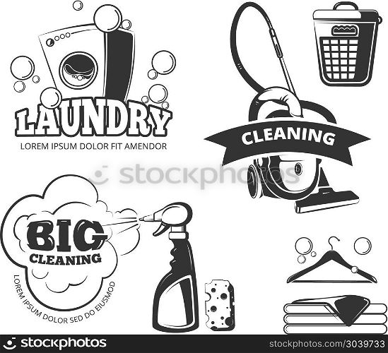 Retro cleaning and laundry services vector labels, emblems, logos, badges set. Retro cleaning and laundry services labels, emblems, logos, badges set. Clean and wash, basket and sponge, vector illustration