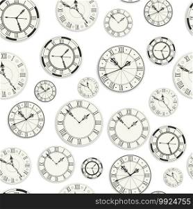 Retro clocks with fancy roman numbers and hands, seamless pattern of vintage watches. Rounded devices for telling time, countdown or stopwatch. Time management, deadline vector in flat style. Vintage clocks, retro watches colorless seamless pattern vector