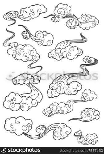 Retro clouds outline style icons set, swirl curve drawings, for weather and vintage design