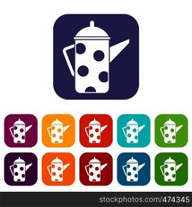 Retro coffee kettle icons set vector illustration in flat style In colors red, blue, green and other. Retro coffee kettle icons set