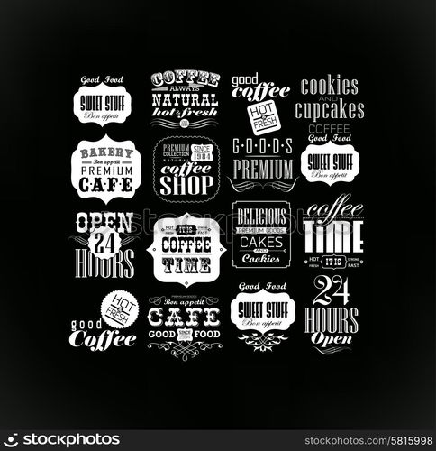 Retro Coffee Labels and typography background . Coffee decoration collection. Set Of Vintage Retro