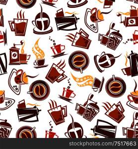 Retro coffee pots and manual grinders with steaming cups decorated by coffee beans seamless pattern in brown and yellow colors on white background. May be use as coffee shop menu backdrop or kitchen interior design. Brown coffee cups, pots, grinders seamless pattern