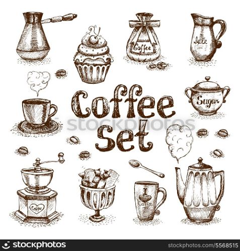 Retro coffee set of beans cream milk sugar vector illustration