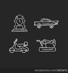 Retro collectables chalk white icons set on dark background. Antique tabletop clock. Classic car. Vintage moped. Collectible sewing machine. Isolated vector chalkboard illustrations on black. Retro collectables chalk white icons set on dark background