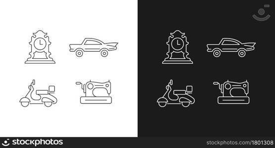 Retro collectables linear icons set for dark and light mode. Antique clock. Classic car. Vintage moped. Customizable thin line symbols. Isolated vector outline illustrations. Editable stroke. Retro collectables linear icons set for dark and light mode