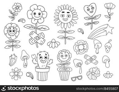 Retro collection of groovy elements. Funny cartoon characters with faces funky flower power with patch, daisy flowers, cactus, mushrooms. Vector clipart vintage hippy style. Isolated linear doodle