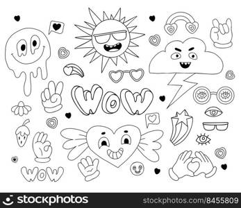 Retro collection of groovy elements. Vector clipart vintage hippy style. Funny characters sun, melted face smile, cloud with lightning, winged heart, hand gestures. Linear hand drawn doodle. isolated