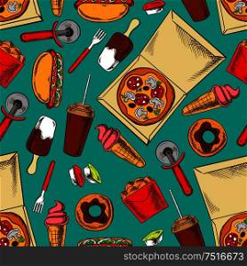 Retro color fast food background with seamless pattern of hot dogs and pizza, fried chicken wings and chocolate glazed donuts, ice cream and soda cups, takeaway sauces and pizza cutters. Fast food retro seamless pattern