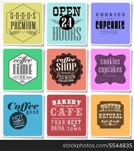 Retro colored bakery labels, card/ Menu typography, coffee shop, cafe, menu design elements, calligraphic/ vector