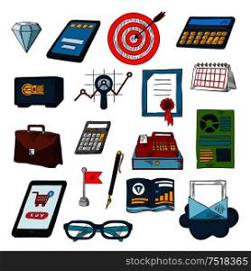 Retro colored sketches of business graph with magnifier, calculators, smartphone and tablet pc, email sign, financial reports, calendar, briefcase, pen, glasses, safe, diamond, target with arrow, diploma and cash register. Finance, business and investments sketch symbols