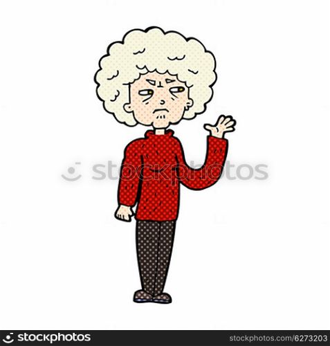 retro comic book style cartoon annoyed old woman waving