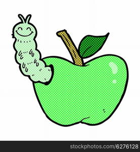 retro comic book style cartoon apple with bug