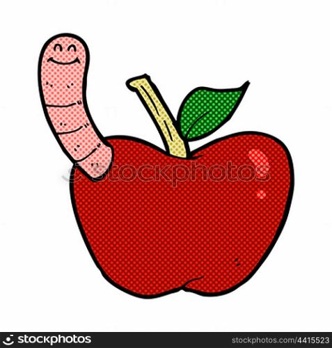 retro comic book style cartoon apple with worm