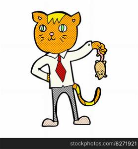 retro comic book style cartoon business cat with dead mouse