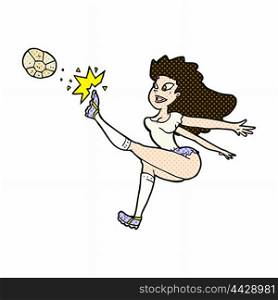 retro comic book style cartoon female soccer player kicking ball