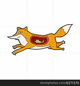 retro comic book style cartoon fox with mouse in belly