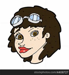 retro comic book style cartoon happy woman wearing aviator goggles