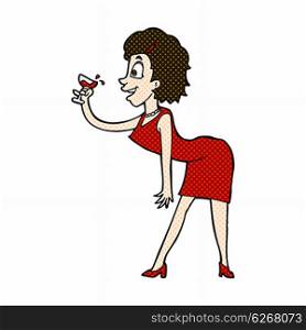 retro comic book style cartoon happy woman with drink