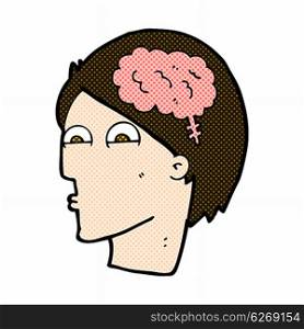 retro comic book style cartoon head with brain symbol