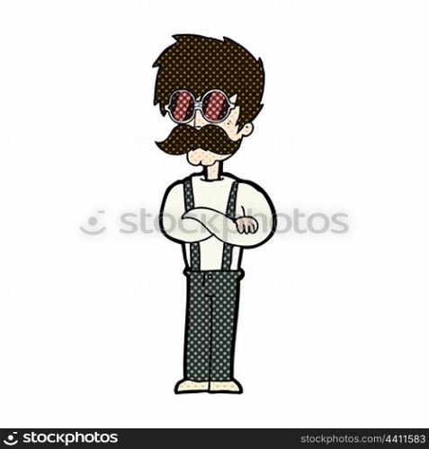retro comic book style cartoon hipster man with mustache and spectacles