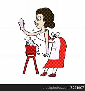 retro comic book style cartoon housewife washing up