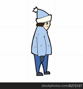 retro comic book style cartoon person in winter clothes