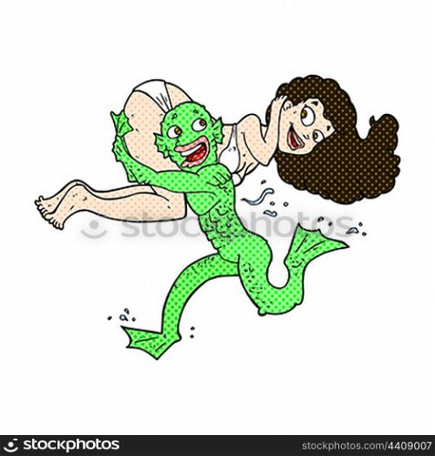 retro comic book style cartoon swamp monster carrying girl in bikini