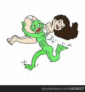 retro comic book style cartoon swamp monster carrying girl in bikini