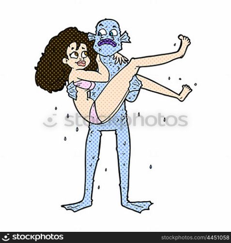 retro comic book style cartoon swamp monster carrying woman in bikini