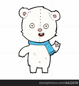 retro comic book style cartoon waving polar bear cub with scarf